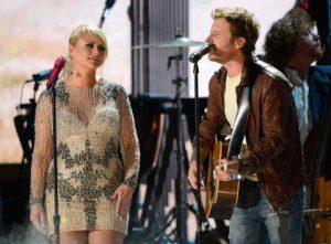 Miranda Lambert and Dierks Bentley performed two of their songs at the 55th Grammy Awards. (Photo by Kevork Djansezian/Getty Images)