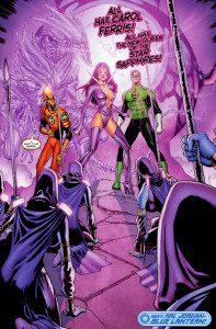As the Star Sapphires celebrate their new queen, Carol Ferris, Larfleeze lamented that he wanted to be the "queen." (Artwork property of DC Comics)