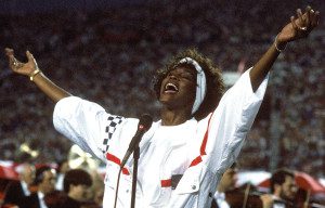 Whitney Houston's triumphant performance of the National Anthem moved a nation! (Photo by George Rose/Getty Images)