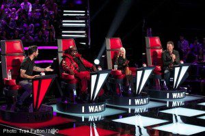 Adam and Blake reunite with CeeLo and Christina for "The Voice's" fifth season. (Photo property of NBC's Trae Patton) 