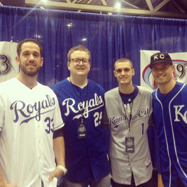 Mix 93.3 personalities and diehard Kansas City Royals fans Dave O and Nathan Graham (center) pose with James Shields (left) and Jeremy Guthrie (right) at the 2014 Royals Fan Fest. (Photo courtesy of Nathan Graham)