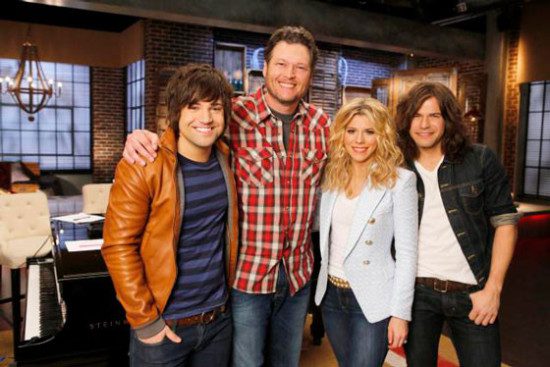 The three-time winning "Voice" coach called on the Band Perry to assist him with the Battle Rounds. (Photo courtesy of NBC)