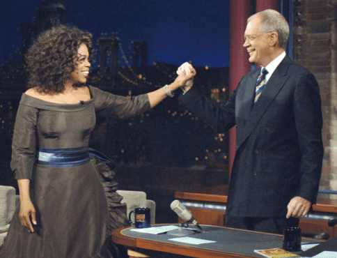 The Queen of Talk made TV history when she returned to "The Late Show" after debunking a 16-year feud between herself and Mr. Letterman. (Photo property of CBS & Worldwide Pants Inc.) 
