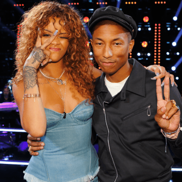 International superstar Rihanna poses with "Voice" coach Pharrell Williams during a taping of Knockout Rounds rehearsal. (Photo property of NBC & United Artists Media Group)