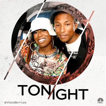 Pharrell posed with his advisor, Missy Elliott, before taping his "Voice: Season Nine" Battle Round rehearsals with his team. (Graphic property of NBC & United Artists Media Group)