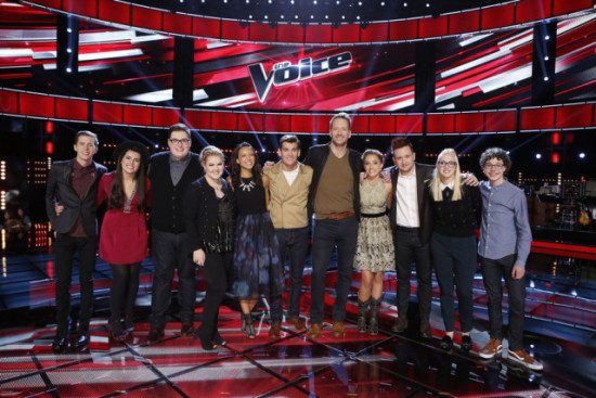  The Top 11 pose for a group photo after a taping of "The Voice." (Photo property of NBC's Trae Patton)