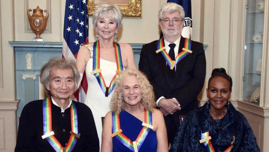 Seiji Ozawa, Carole King, Cicely Tyson, George Lucas and Rita Moreno pose for a photo before the 2015 Kennedy Center Honors. (Photo property of the Associated Press' Kevin Wolf) 