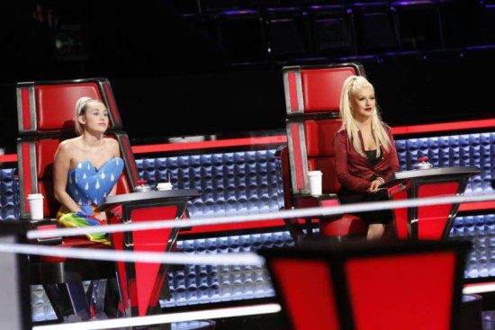 Miley Cyrus and Christina Aguilera rehearse with a contestant during a taping of "The Voice: Season 10" Knockout Rounds. (Photo property of NBC & United Artists Media Group)