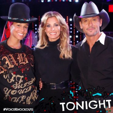 Alicia Keys poses with Faith Hill & Tim McGraw during a taping of "The Voice: Season 11" Knockout Rounds rehearsal. (Photo property of NBC & MGM TV)