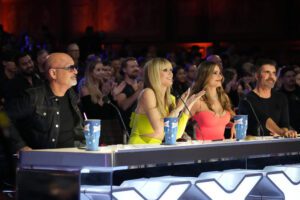Howie, Heidi, Sofia, and Simon interact with an act during a taping of AGT: Season 18 Judges' Auditions (Photo property of NBC's Casey Durkin)