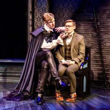 Count Dracula (James Daly) seduces Jonathan Harker (Andrew Keenan-Bolger) in Dracula: A Comedy of Terrors. (Photo by Matthew Murphy)