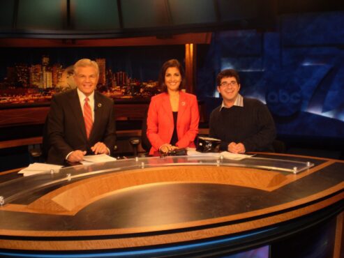 Jacob sat with Mike Landess and Anne Trujillo at the Denver7 News Desk during one of his final days of his internship in April 2011. (Personal photo property of Jacob Elyachar)