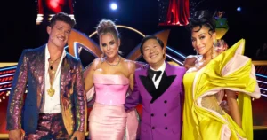 Robin, Jenny, Ken & Nicole pose together during a taping of Masked Singer: Season 10. (Photo property of FOX)