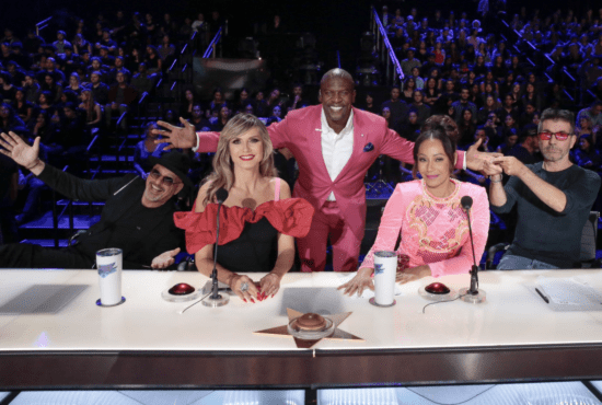 Howie, Heidi, Terry, Mel B, and Simon pose together during the taping of 'AGT: Fantasy League' semifinals. (Photo property of NBC)