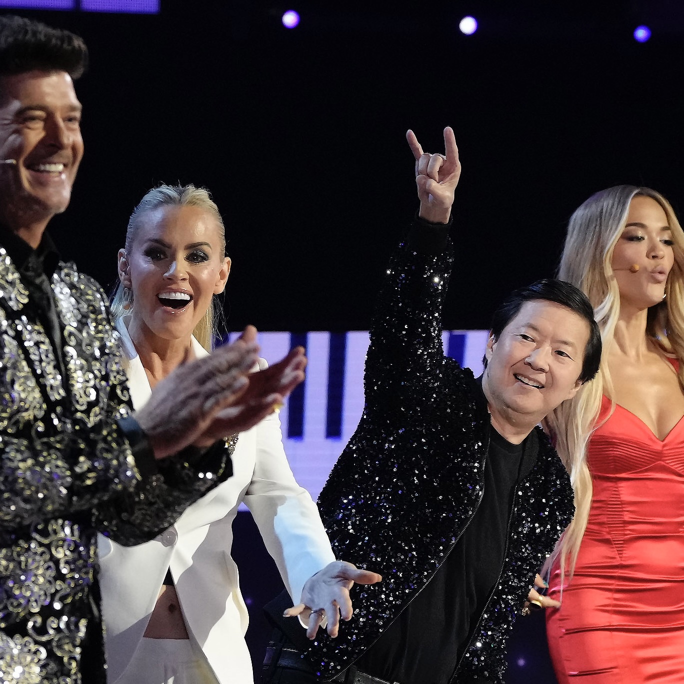 Robin, Jenny, Ken, and Rita pose during a taping of The Masked Singer: Season 11. (Photo property of Fox's Michael Becker)